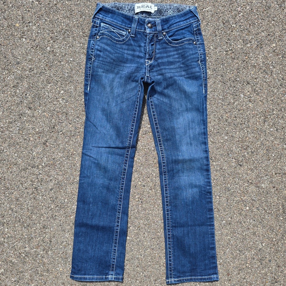 Y2K Ariat Western Cowgirl Rodeo Slim Straight Leg Casual Blue Denim Jeans sz 27